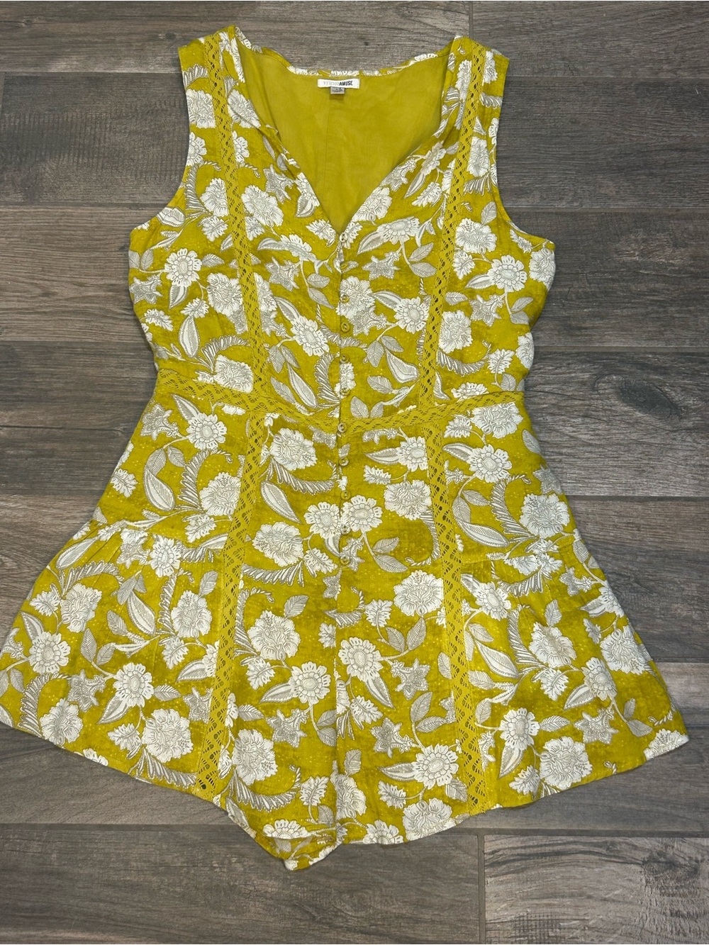 Amuse Society olive green floral sleeveless romper front button Lace Trim Sz Sm